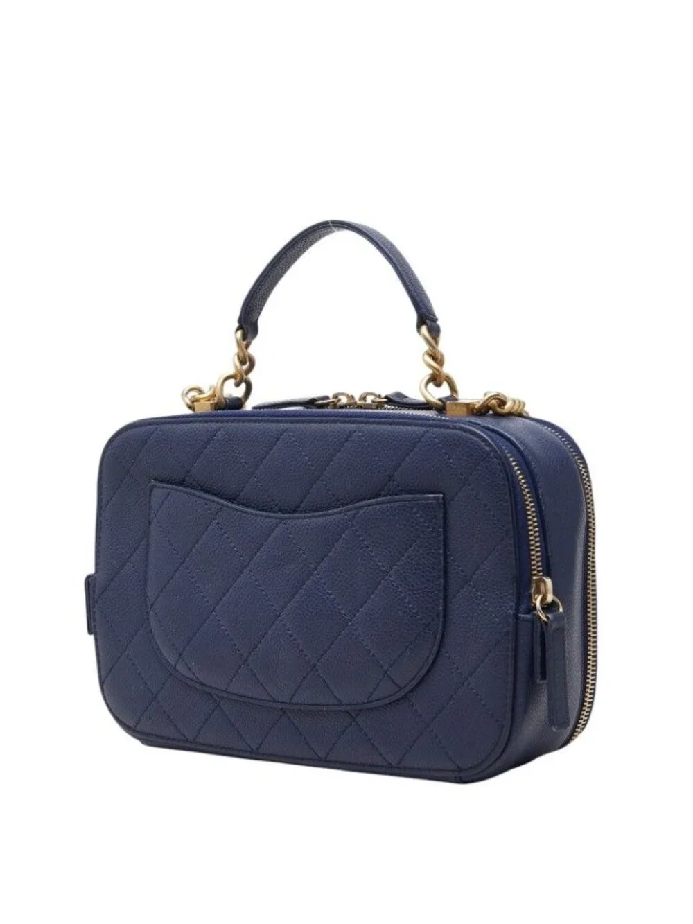 Chanel Quilted CC Logo Chain Shoulder Bag Vanity 2-Way Navy Gold Caviar Leather